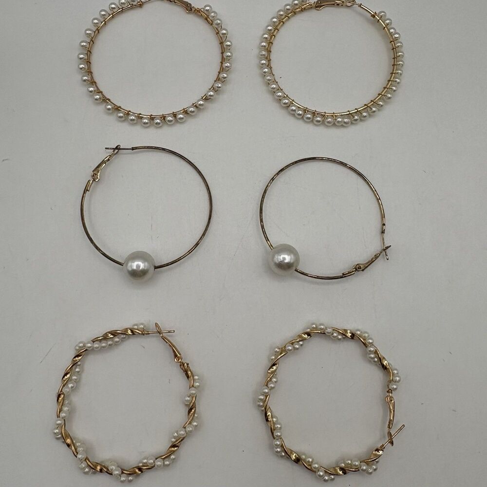 Gold Tone Faux Pearl Hoop Pierced Earrings Lot Of 3 Large Statement Hoops